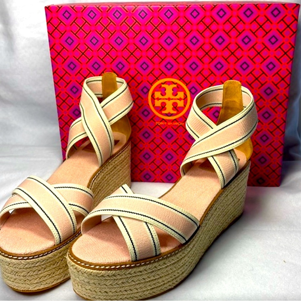 NIB TORY BURCH Frieda espadrille blush stripe stretch webbing leather sandal 9.5